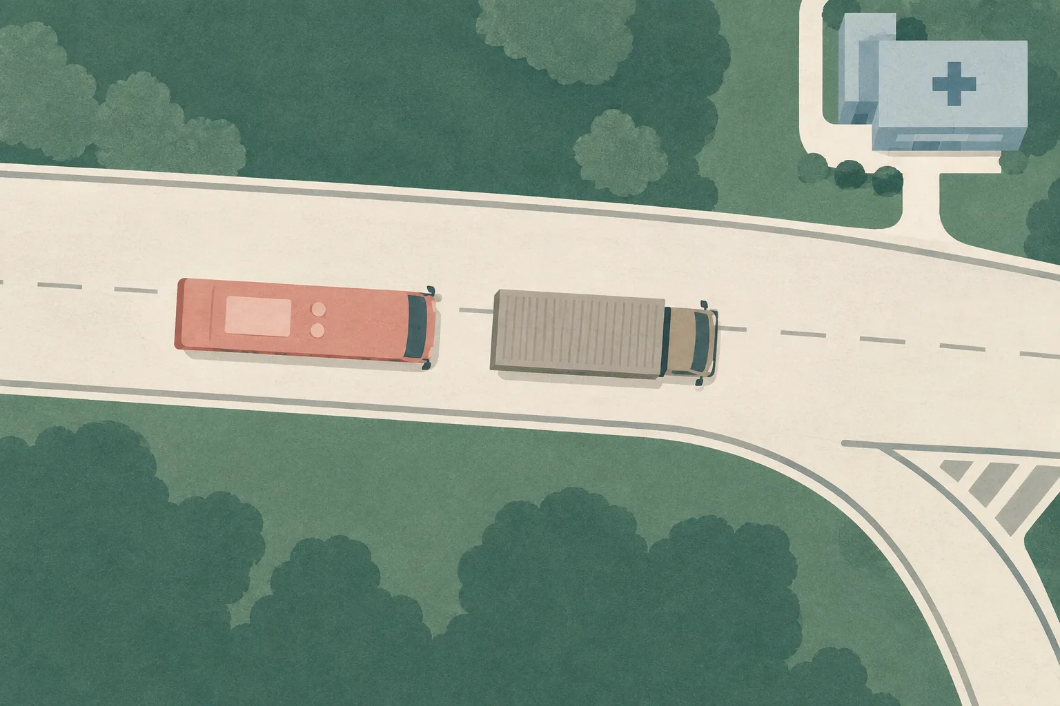 Top-down cut-paper abstraction of a road with a simplified coral bus and ochre truck positioned at an interrupted lane boundary, plus a small blue institutional block nearby.