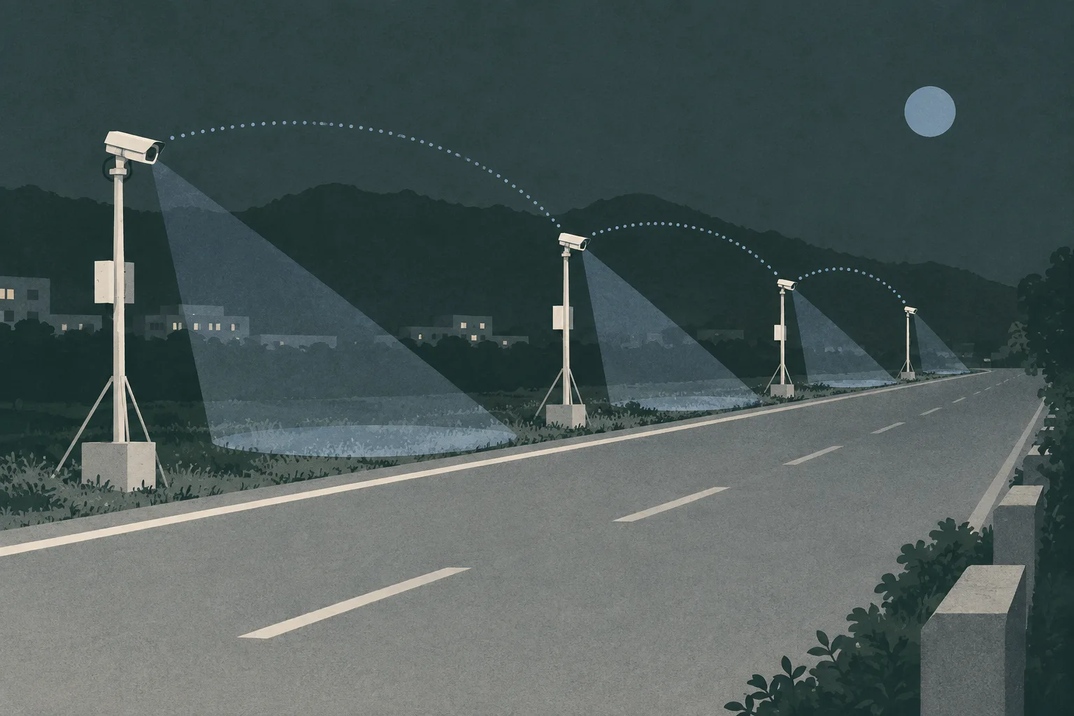 A quiet nighttime roadside scene with four temporary CCTV cameras mounted on simple poles, connected by subtle cool-blue monitoring zones along an empty rural road.