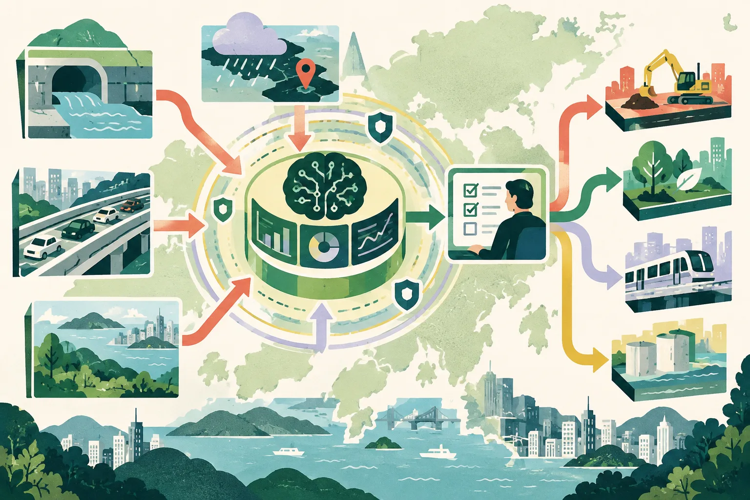 Top-down cut-paper diagram of a proposed city-management platform, with abstract drainage, weather, transport and environmental data tiles converging on an analysis hub, passing through a review checkpoint and branching toward several departmental blocks.