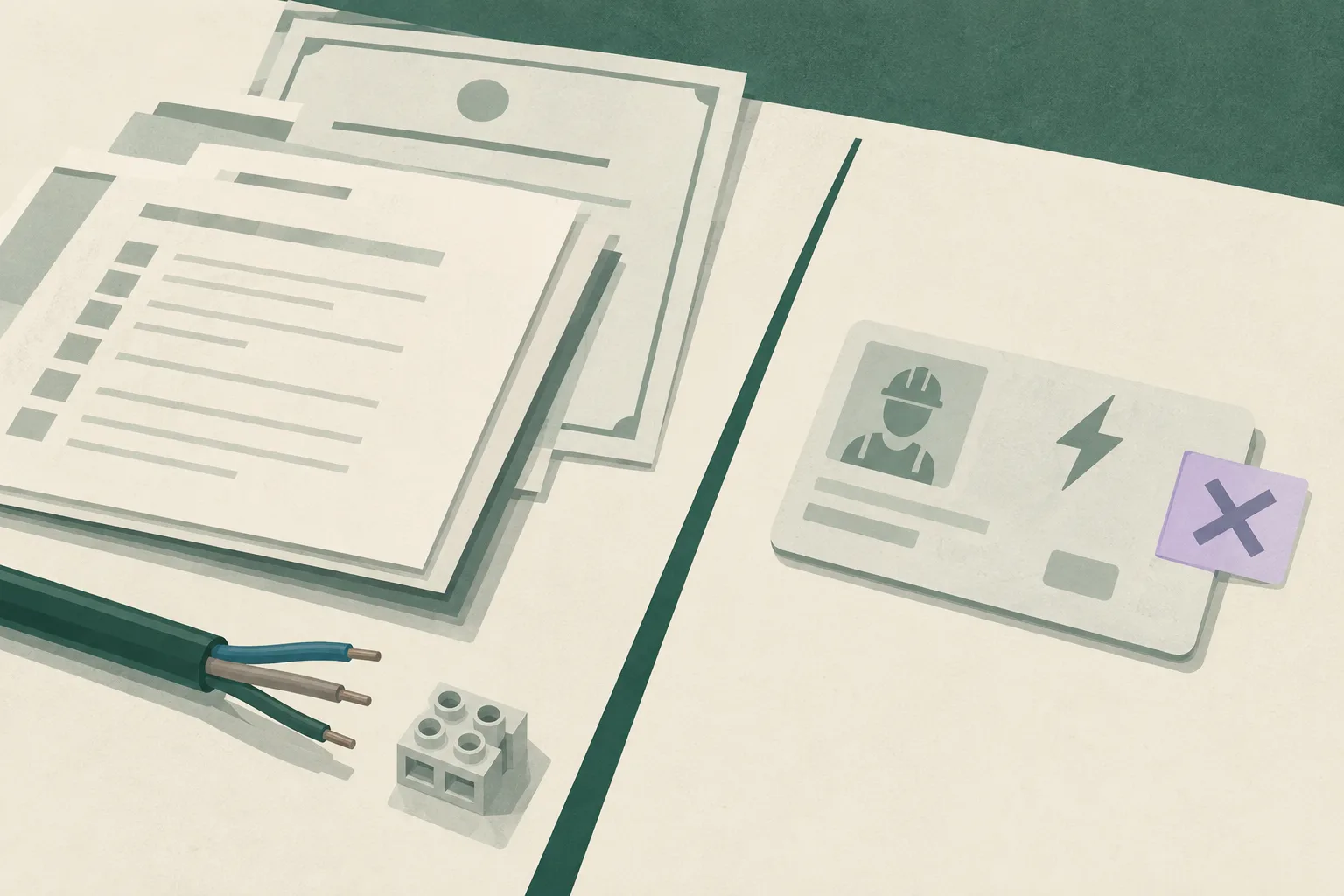 A close-up still life of a withdrawn electrical-worker licence card beside employment records, a blank certificate form, and a short insulated cable on a clean desk, rendered in muted teal and neutral paper tones.