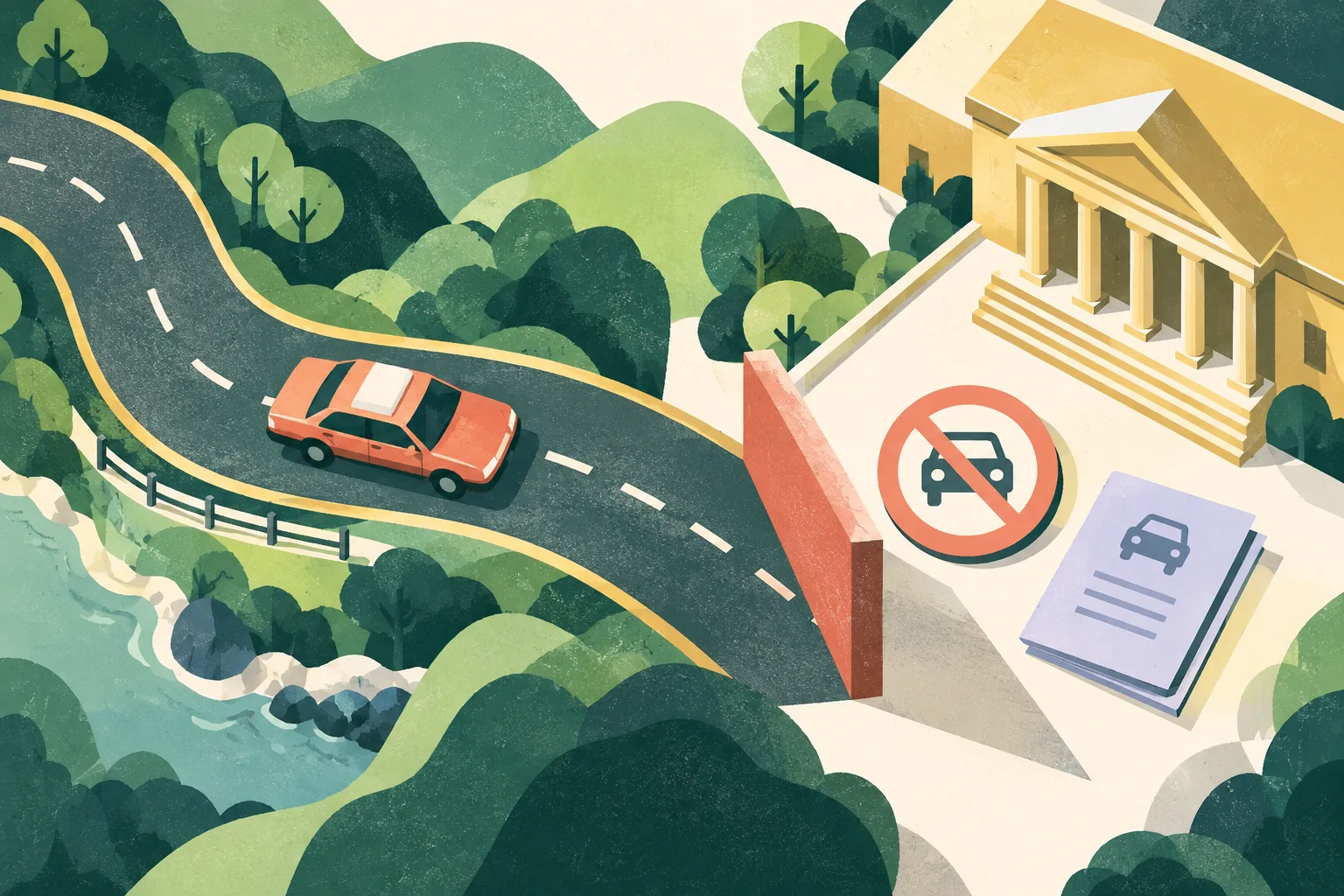 Top-down cut-paper illustration of a simplified amber taxi on a winding green road beside a geometric civic building, a plain driving-restriction symbol and a small course booklet, using coral, mineral blue, dusty teal and muted ochre accents.