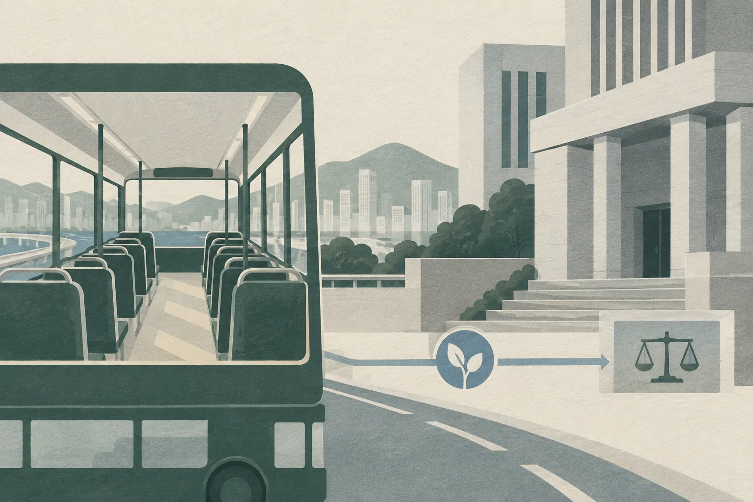 A people-free cut-paper illustration shows an empty upper-deck bus interior beside a simplified courthouse, linked by a narrow geometric pathway and separated by clear structural boundaries in muted blue and warm grey.