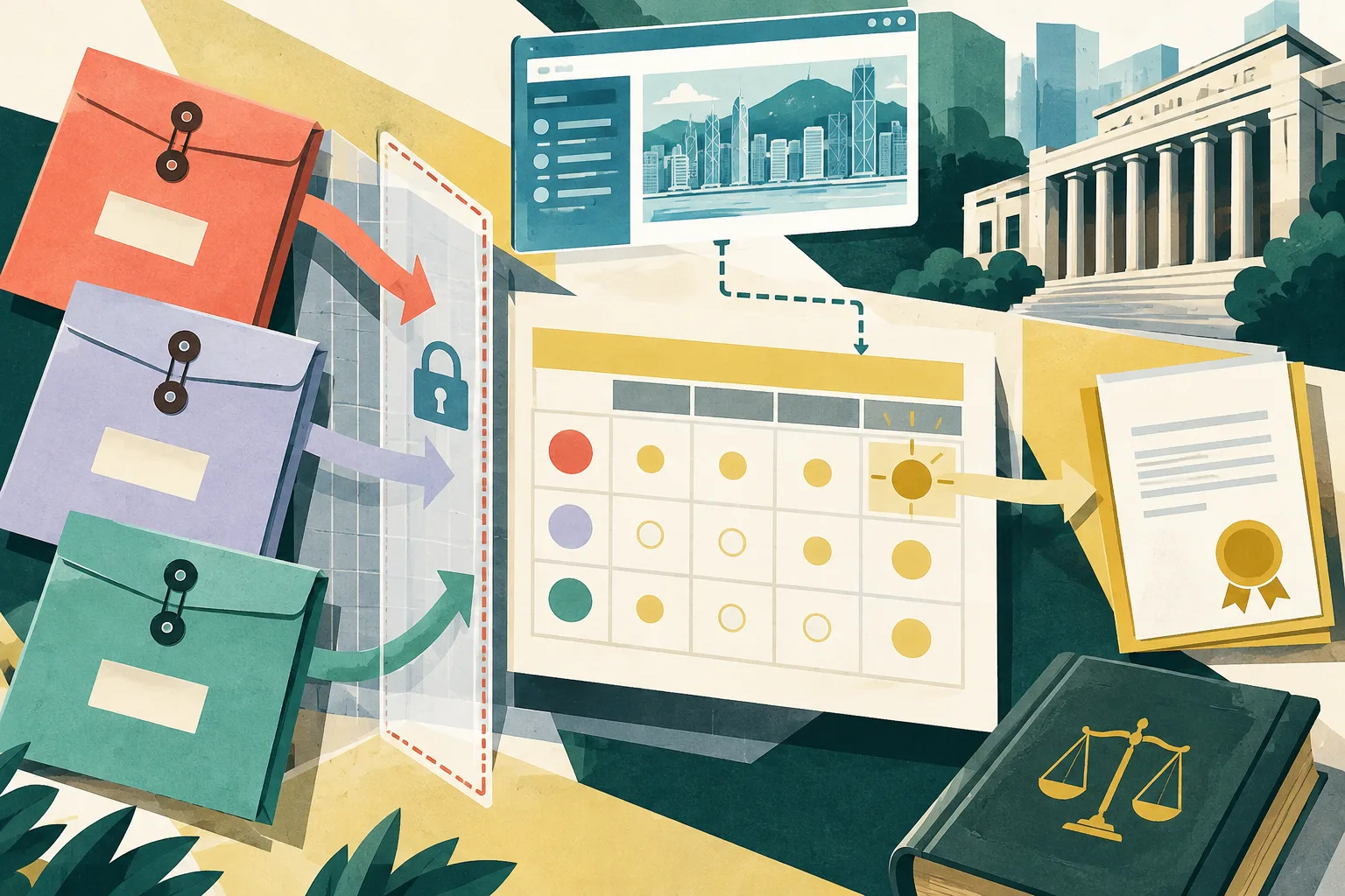Top-down cut-paper illustration of a civic tender process, with three sealed proposal folders, a structured scoring grid, a highlighted contract route and a translucent confidentiality boundary beside a simplified court building.