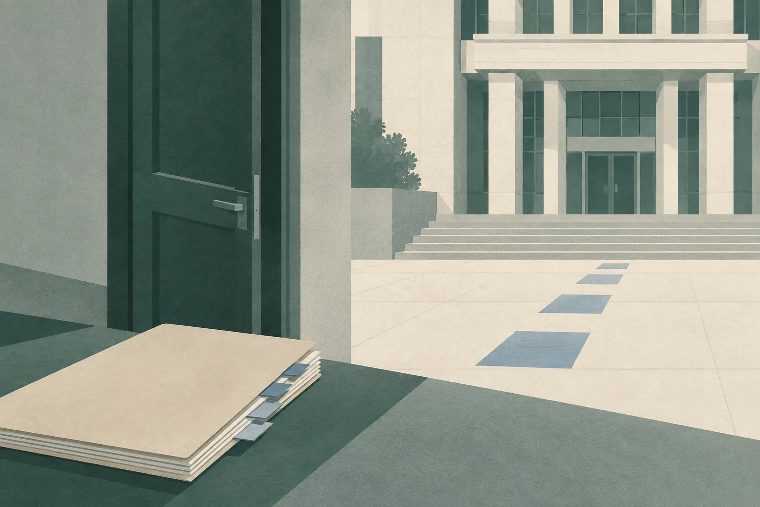A subdued cut-paper illustration of a geometric civic courthouse facade, a closed interior doorway, and a neutral case file with separated procedural markers suggesting an ongoing hearing.
