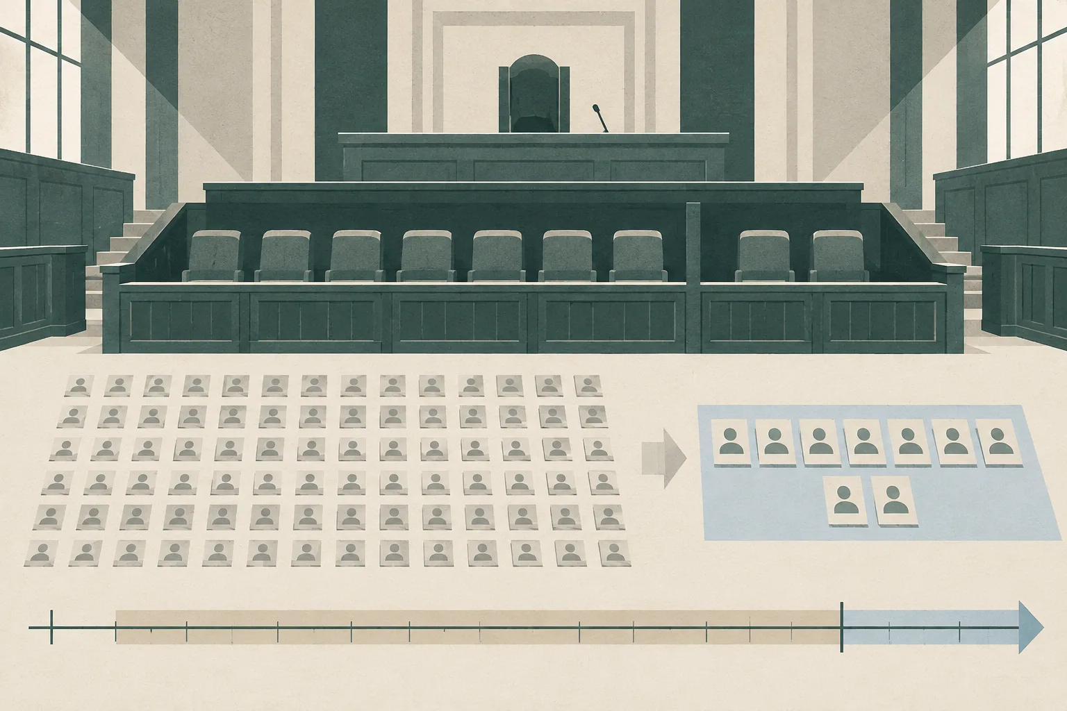 A people-free cut-paper illustration of a formal High Court interior with nine empty jury places, a separated field of candidate cards, and a long understated timeline suggesting an extended trial.