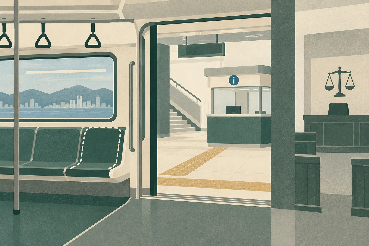 An empty simplified train carriage opens onto a station threshold and an abstract assistance counter, with a broken boundary line and a restrained court-like panel suggesting a reported assault case and its legal aftermath.