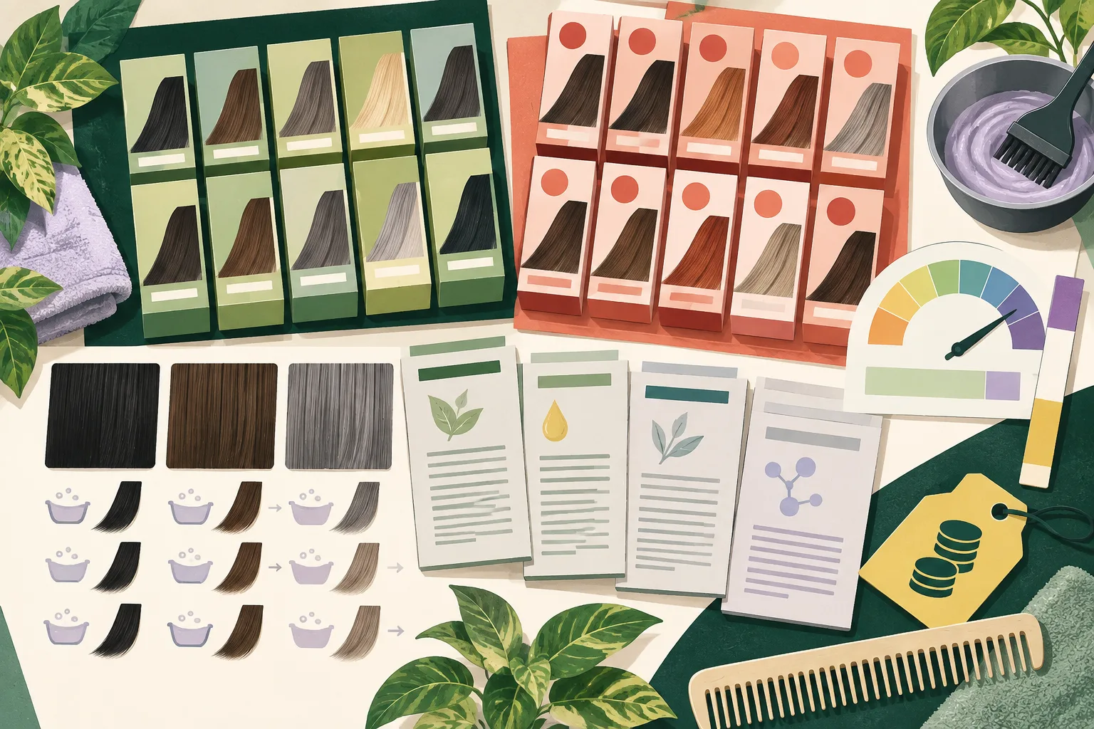 Top-down cut-paper still life of generic hair-dye cartons, colour swatches, ingredient-label panels, a pH test strip marked 10.4 beside a recommended range, and simple comparison markers arranged on a pale background.