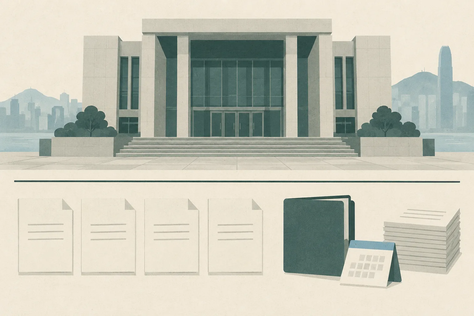 A quiet geometric collage shows an empty court facade behind a clear boundary line, with four separated blank case-file panels, a closed folder, a small calendar block and stacked assessment papers.