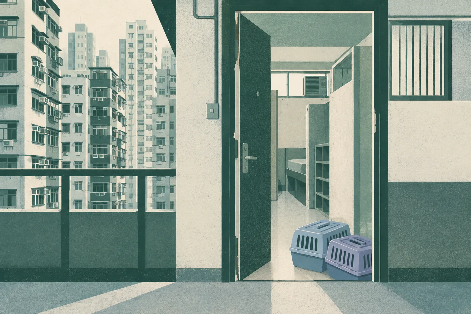 Flat architectural illustration of an empty subdivided apartment entrance with a slightly forced-open door, compact interior partitions, and unoccupied care trays near the threshold, rendered in muted blue-gray and dusty teal.