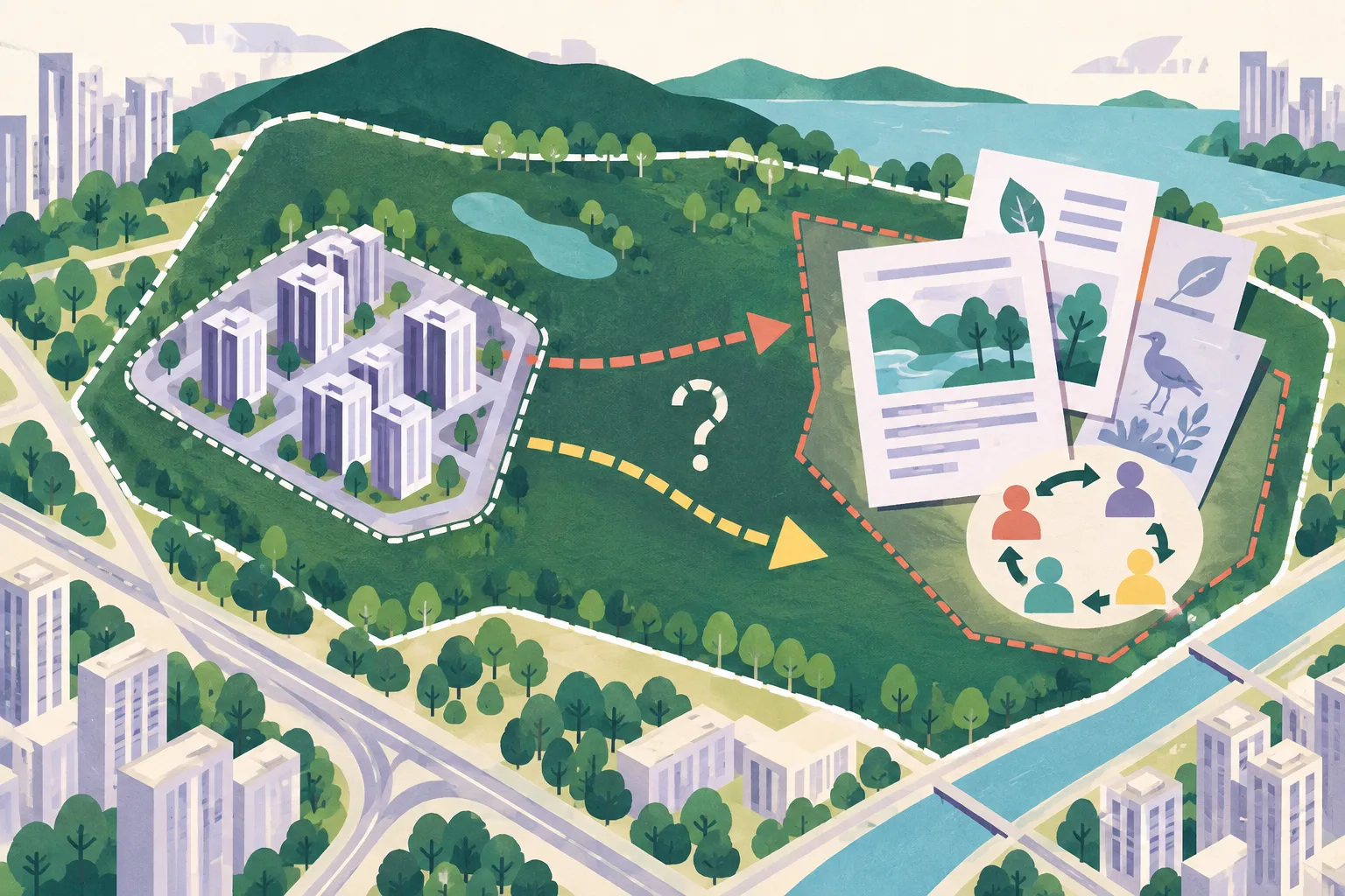 Top-down cut-paper planning diagram showing a green land parcel, a smaller proposed housing zone with simplified building blocks, environmental review papers, a consultation loop, and open route markers indicating that the project's scale and timing remain under review.