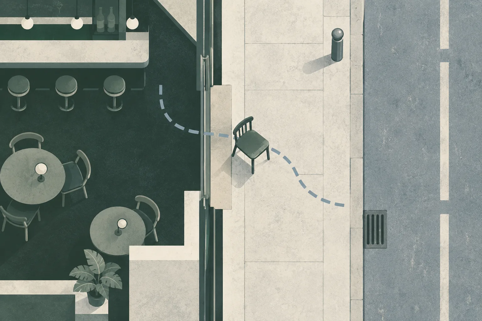 Top-down editorial diagram of a generic bar interior opening onto a street, with an empty chair at the threshold and a broken route line suggesting an unresolved investigation.