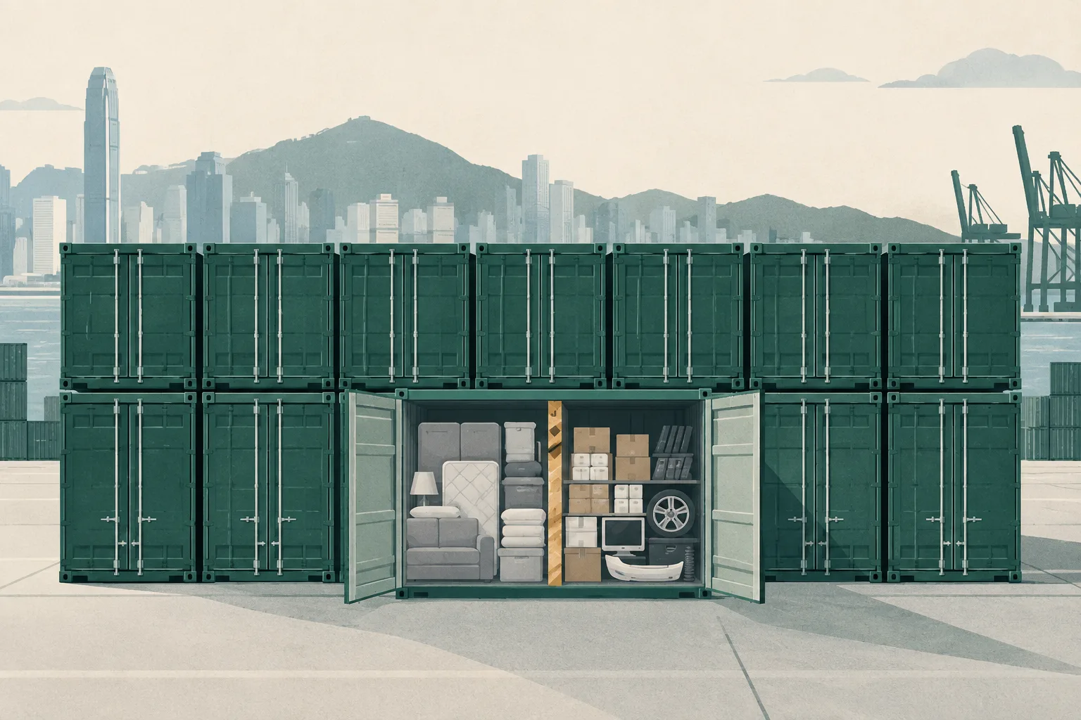 Flat illustration of stacked shipping containers with a partially opened section showing household goods, sealed cartons, simple electronic items and vehicle parts separated by an inspection divider.