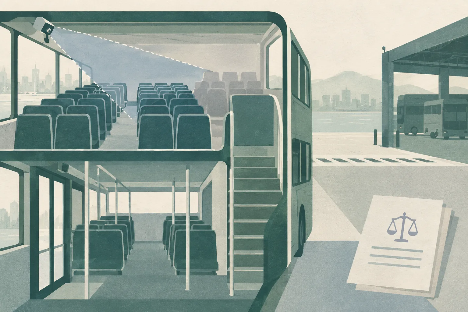 An abstract cut-paper diagram of an empty two-level bus beside a depot boundary, with a small camera symbol casting a limited viewing cone that stops before the rear seats.