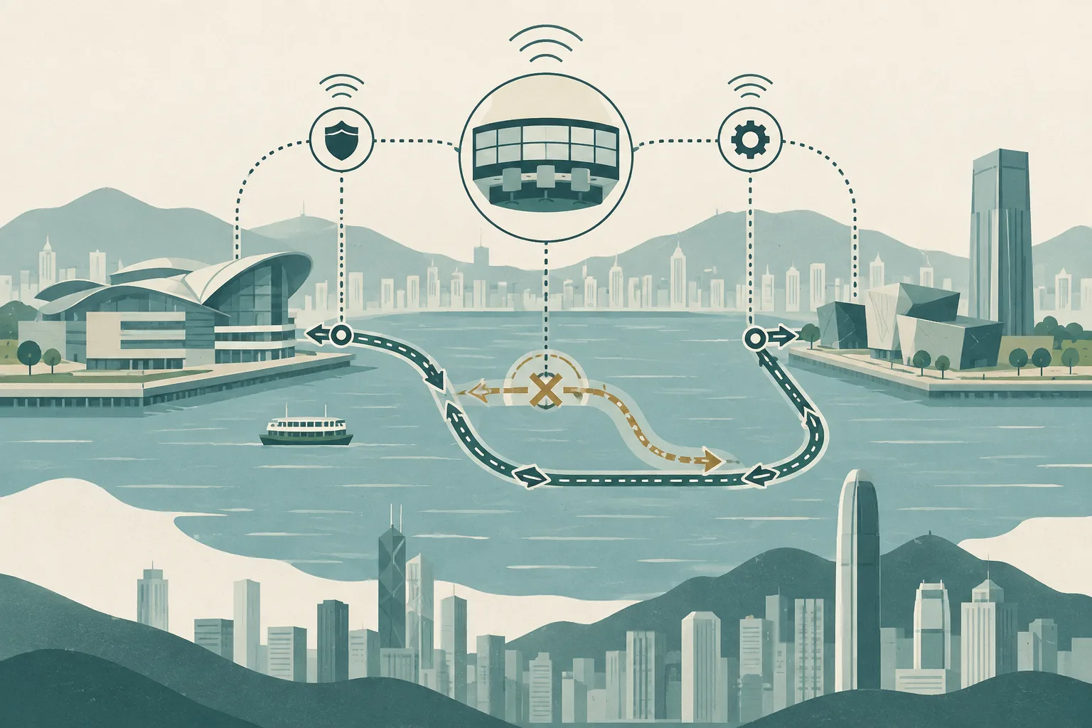 People-free diagram of three simplified Hong Kong locations connected by coordinated movement routes, communication lines and a central command node, with one route redirected through a contained boundary.