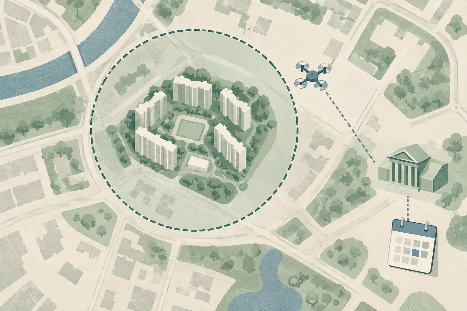 Top-down paper-cut illustration of a simplified residential estate surrounded by a 500-metre circular restricted-airspace boundary, with a small unmanned-aircraft symbol outside the ring and a modest courthouse block nearby.