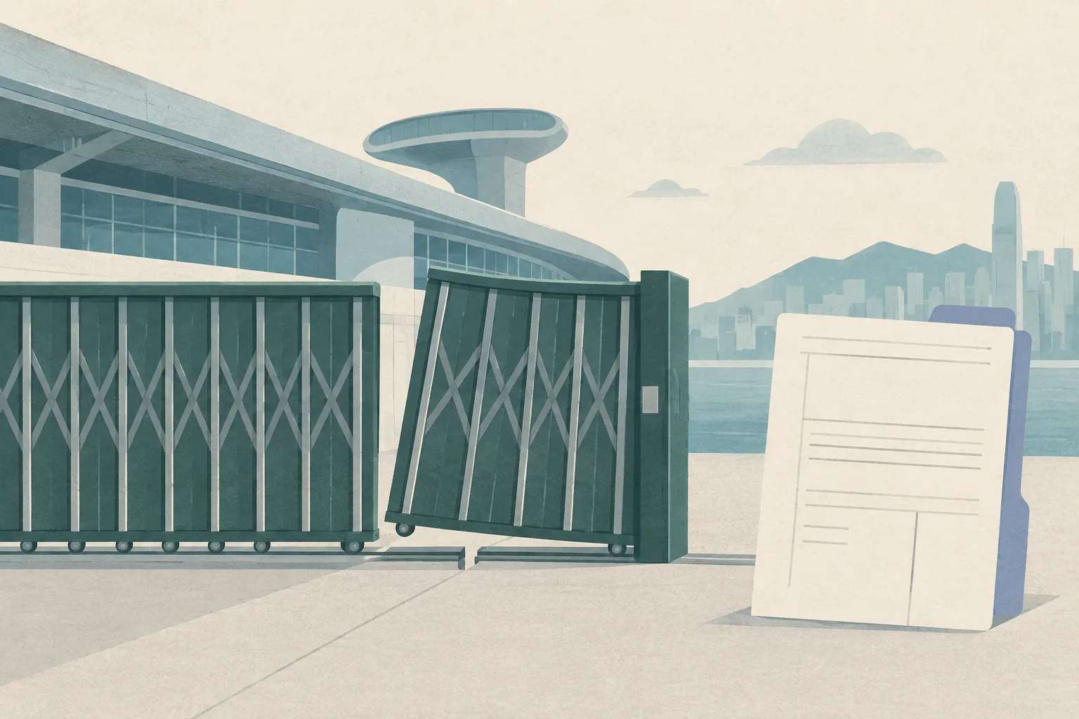 A flat cut-paper illustration of a cruise terminal facade with a large folding metal gate interrupted along its track, beside a separated blank legal document shape.