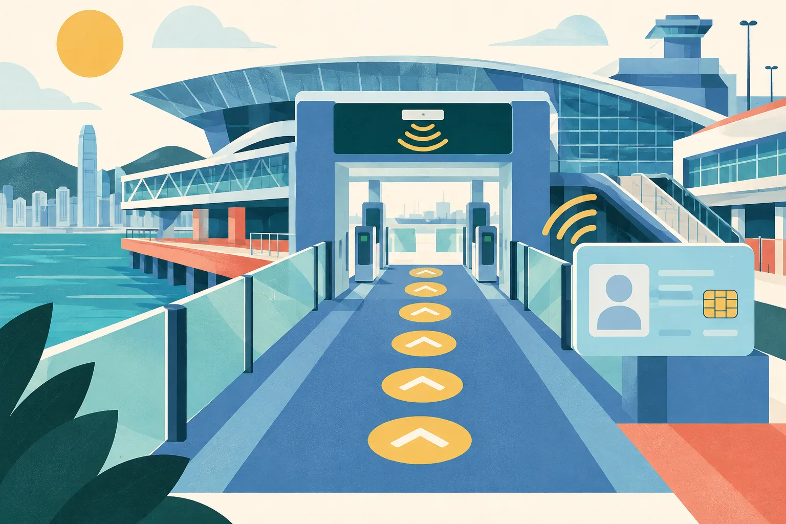 A colorful cut-paper illustration of a Hong Kong port terminal with an open automated gate, six crossing markers, a smart card shape and abstract contactless signal forms.