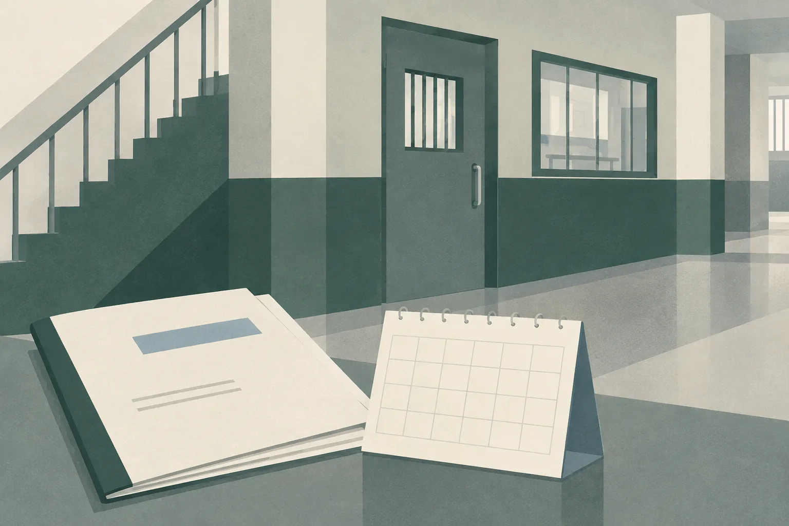 Abstract flat illustration of a quiet institutional corridor with a closed activity-room door, a stairwell boundary, and a small court-review folder beside an empty scheduling panel.