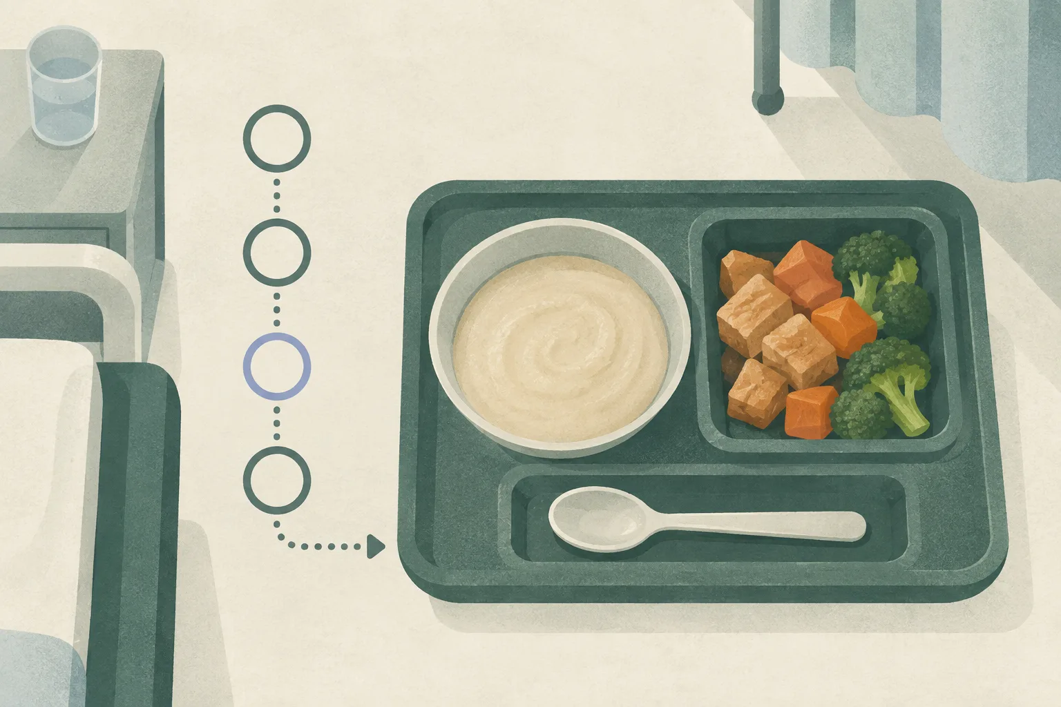 Top-down editorial illustration of a hospital meal tray showing smooth soft food beside angular solid food, with an incomplete sequence of verification markers leading toward it on a muted clinical surface.