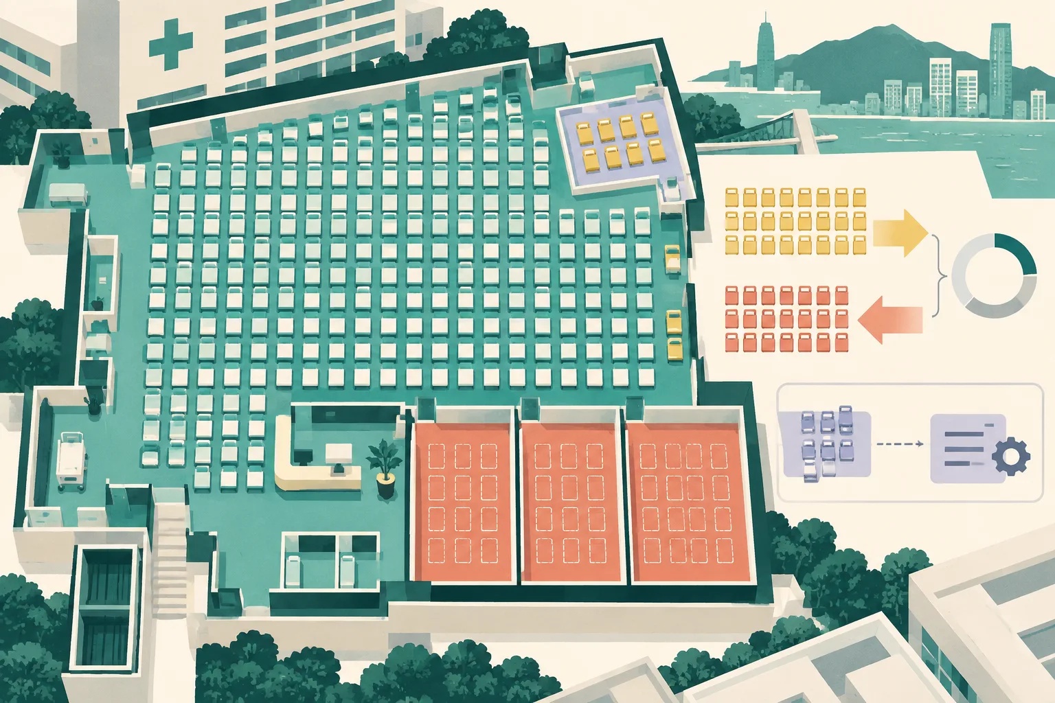 A cut-paper hospital staffing diagram shows a large field of nursing position markers, a small contrasting group of 55 externally trained nurses, outlined vacant bays, and measured arrows for staff hired and leaving.