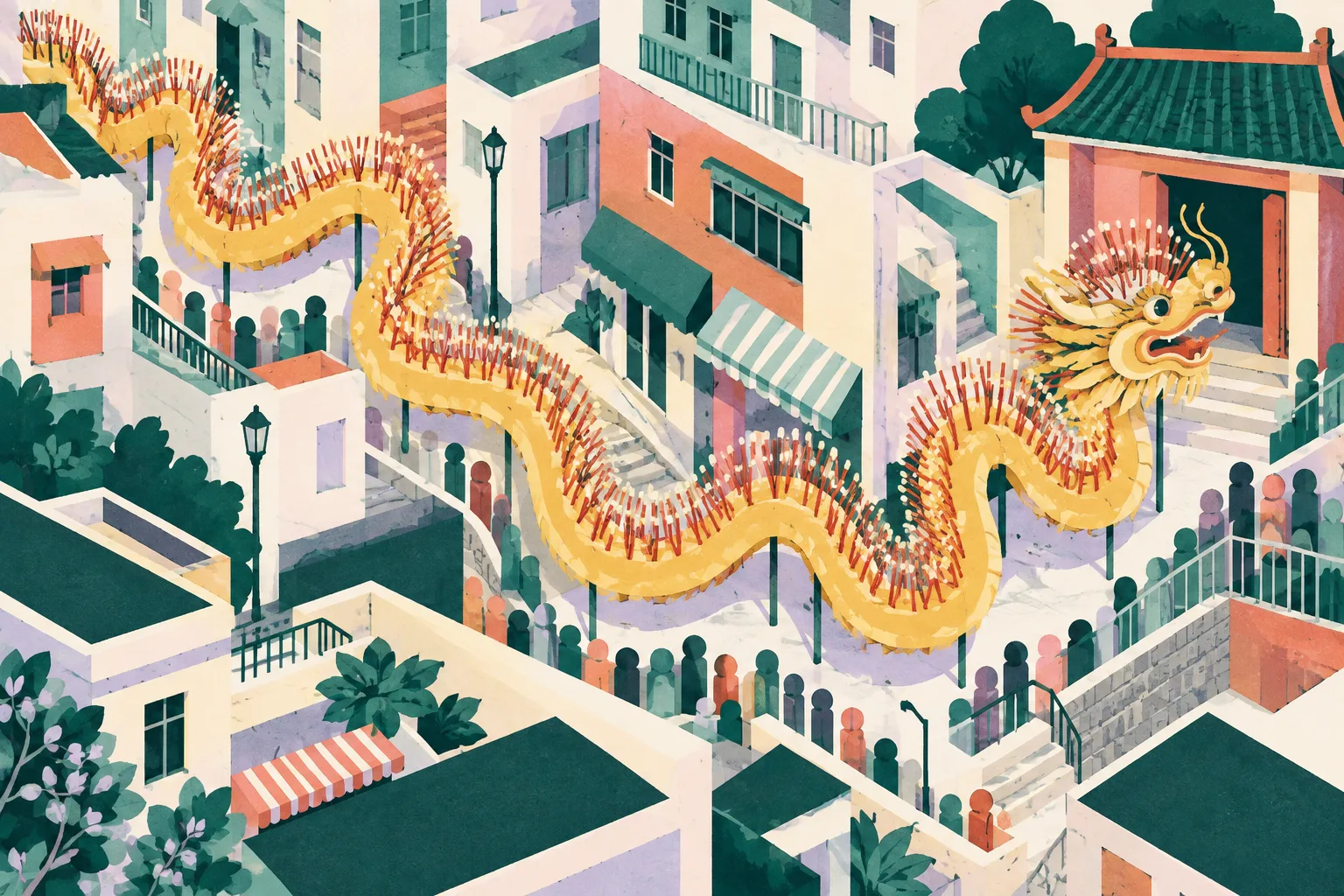 A cut-paper illustration of a long stylised fire dragon winding through simplified Hong Kong street blocks toward a small temple entrance, with repeated incense-stick marks and abstract roadside viewing markers.
