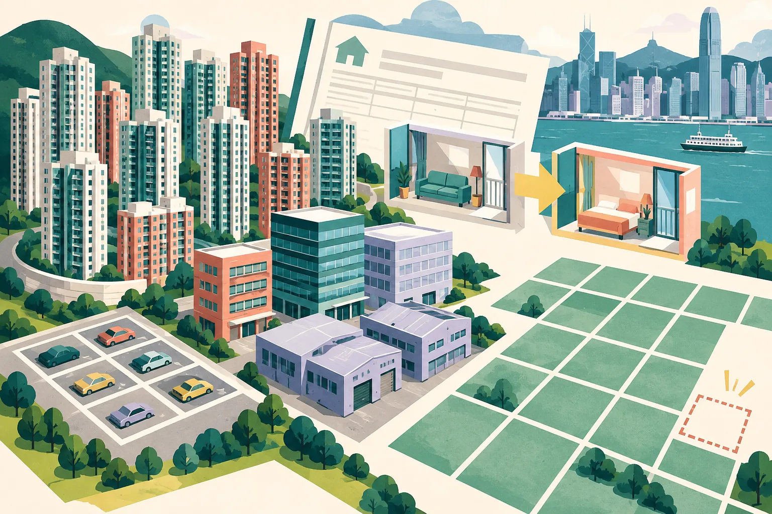 A flat graphic collage of simplified Hong Kong-style building blocks, parking spaces and an orderly grid of land parcels, including one unit shown changing from self-use to rental use and a small one-parcel reduction marker.