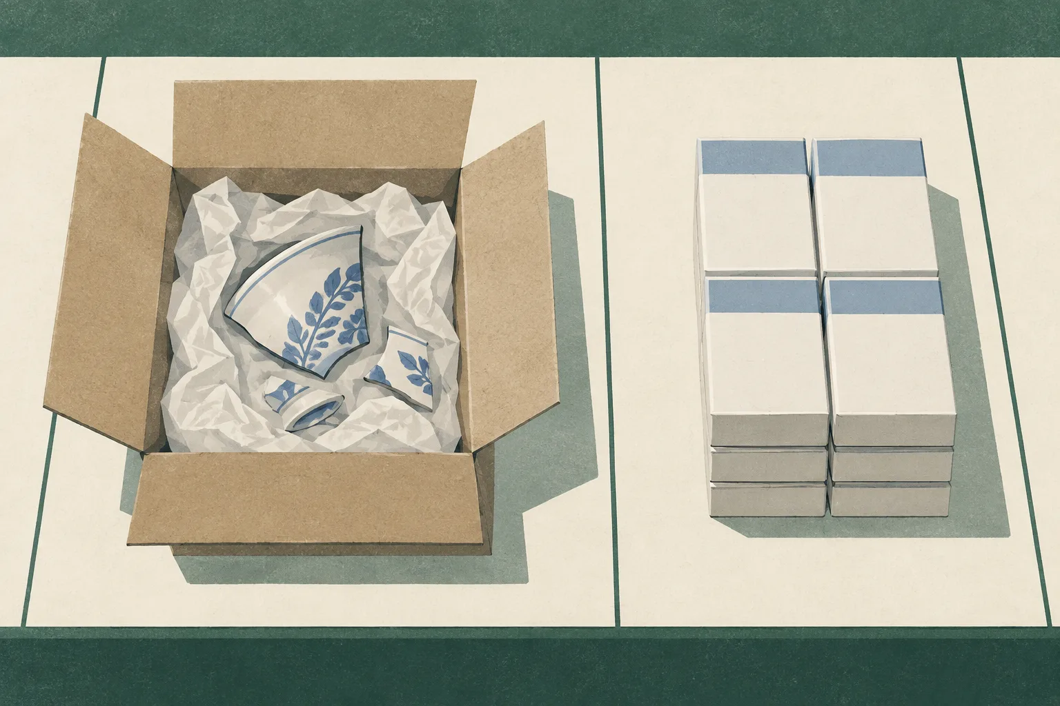 Top-down illustration of an unbranded courier parcel with ceramic fragments beside a separate orderly stack of plain cigarette cartons on a neutral inspection surface, divided by simple geometric lines.