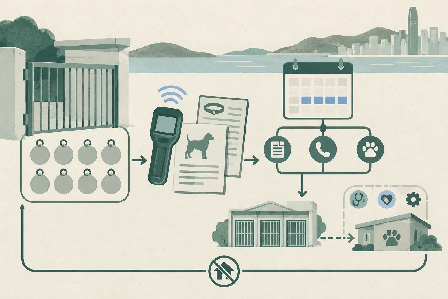 A top-down civic process diagram shows eight plain collar tags beside a microchip scanner and registration cards. An open four-day calendar leads through owner checks and veterinary observation toward a longer conditional route to a welfare organisation, enclosed by a simple public-safety boundary.