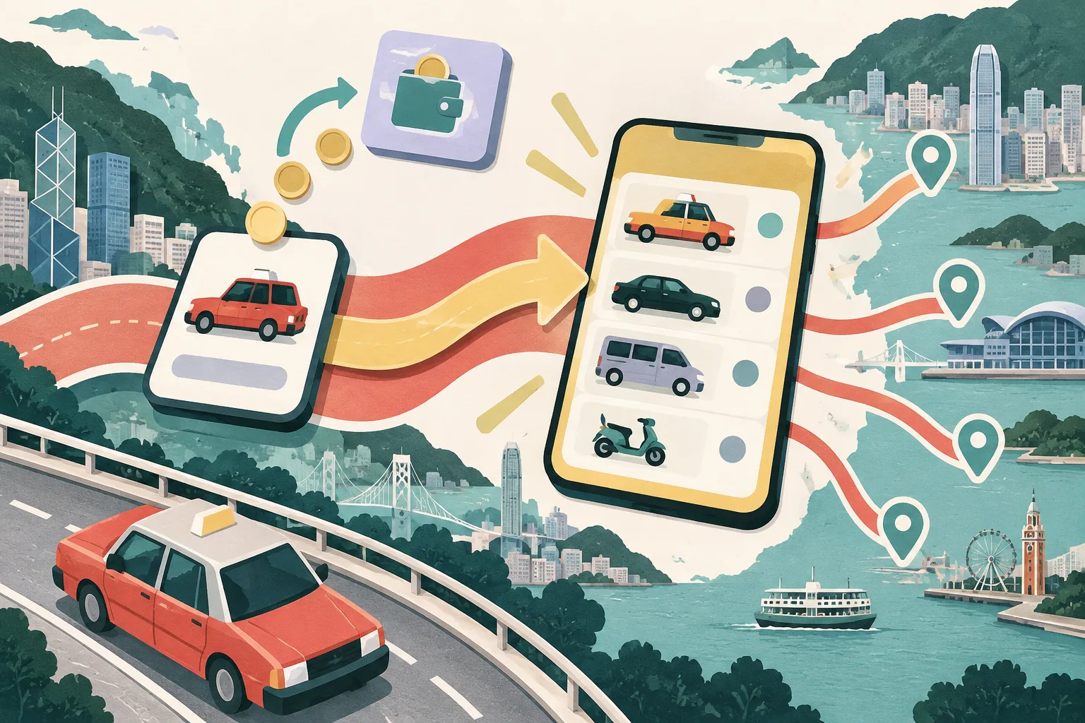 A cut-paper diagram shows a small taxi-booking app tile moving into a larger unified app tile, with route lines, account tokens, and a simplified taxi form arranged on a warm paper background.