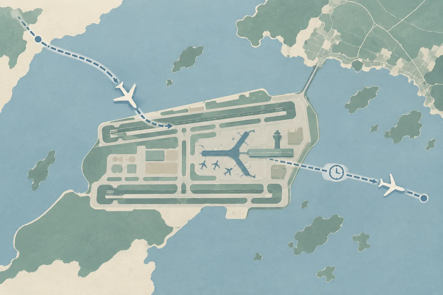 Top-down diagram of a simplified wide-body aircraft diverting from a broken route into a geometric Hong Kong airport, with a delayed onward route continuing toward Abu Dhabi.