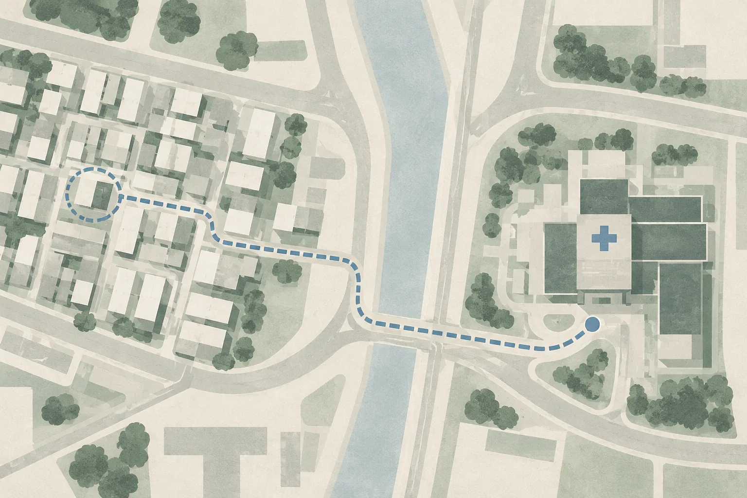 Top-down abstract map showing a village-house block beside a lane, an interrupted boundary, and a restrained route leading to a simplified hospital block.