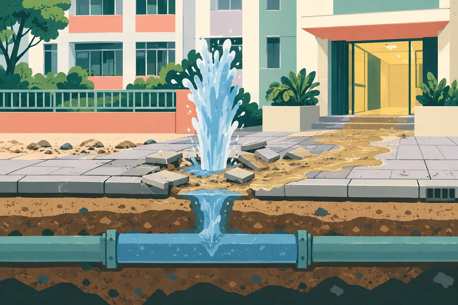 Cut-paper architectural illustration of a residential road with a buried pipe beneath lifted pavement tiles, a contained blue water surge, muddy sand spreading toward a building entrance, and a small cleared strip of rubble.
