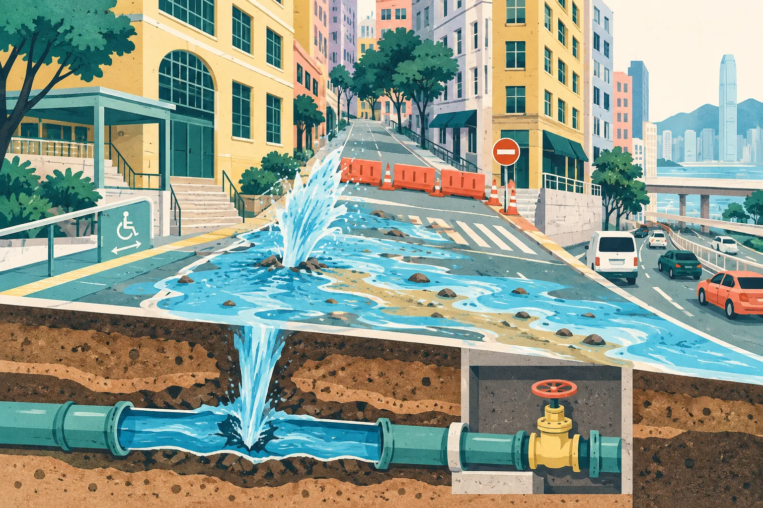 Cut-paper style street collage showing a burst underground saltwater pipe near a market, water flowing downhill through simplified Sai Ying Pun roads, a temporary road closure, and a small utility repair detail.