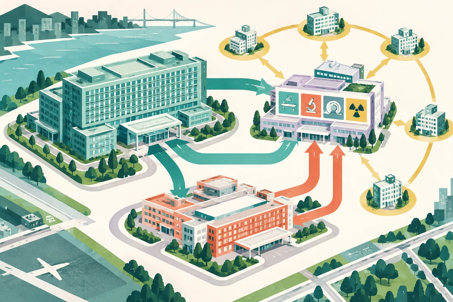 Top-down cut-paper diagram of three simplified hospital blocks connected by geometric routes, with one large new facility, one existing facility changing into an ambulatory-care hub, and an expanded emergency-care wing.