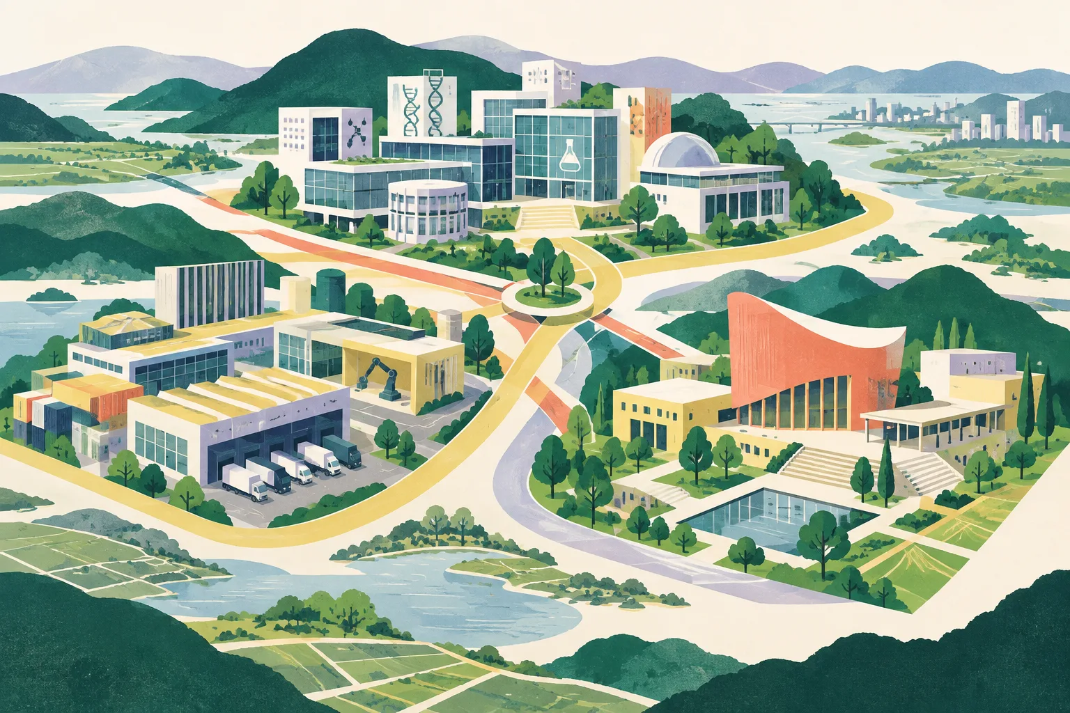 A cut-paper architectural collage shows three linked proposed university-town clusters: a research and technology group, an industry and logistics group, and an arts-focused campus group, arranged along a broad civic corridor.