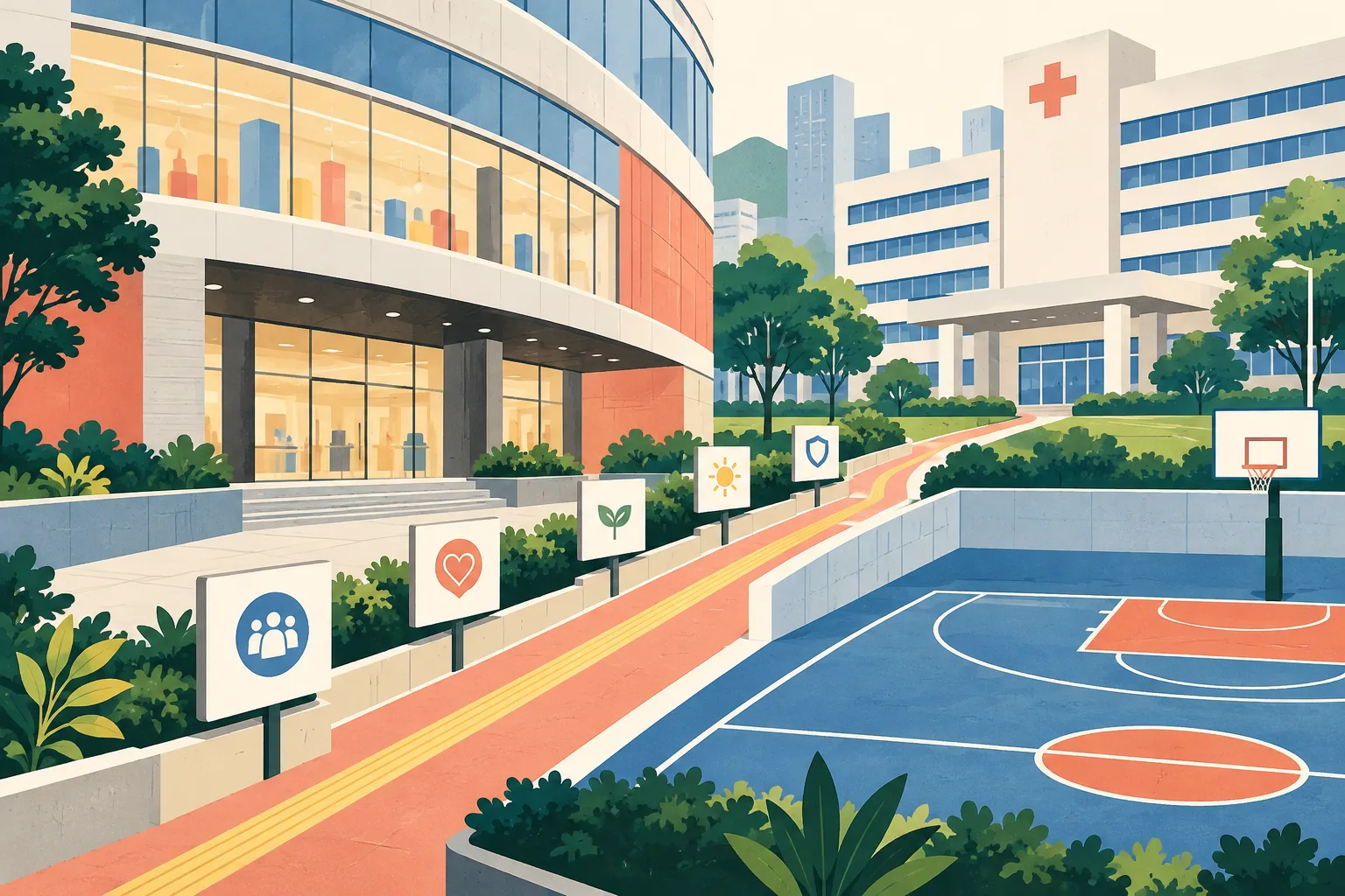 A flat cut-paper illustration of a generic shopping centre, an empty ball court and a hospital block connected by a clear ground-level path, with blank support cards placed along the route and no people or text.