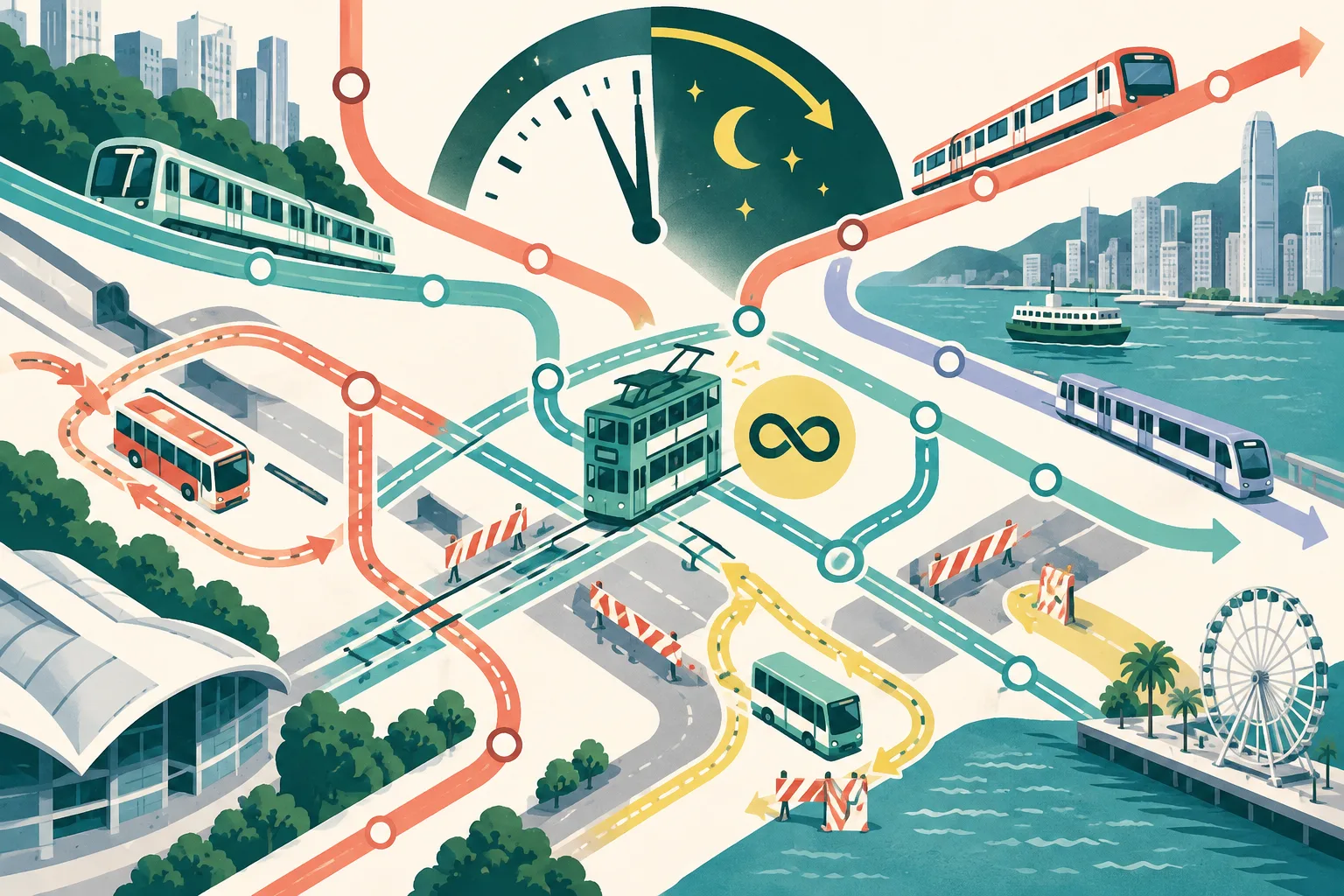 Top-down abstract transit diagram with colourful rail and tram routes, extended service lines, detour loops, temporary closure bands, a tram token, and a clock arc reaching beyond midnight.