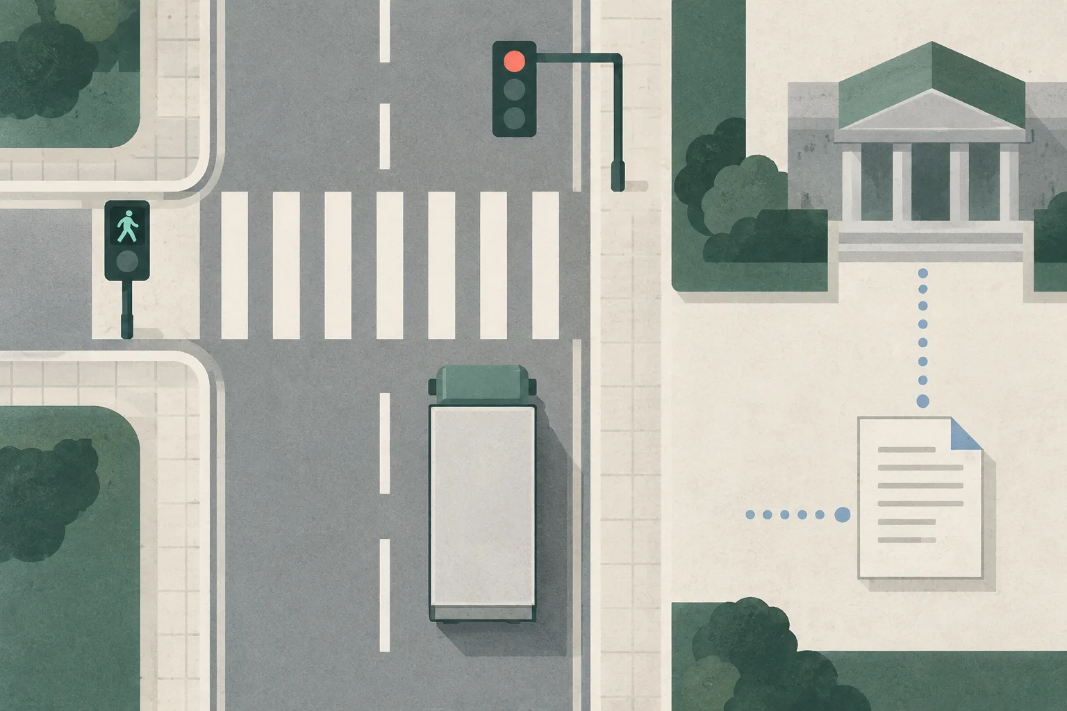 Top-down cut-paper diagram of an empty urban road crossing, with a simplified goods vehicle near a red traffic signal, a green pedestrian signal, a clear pavement boundary, and a small courthouse and report symbol at the edge.
