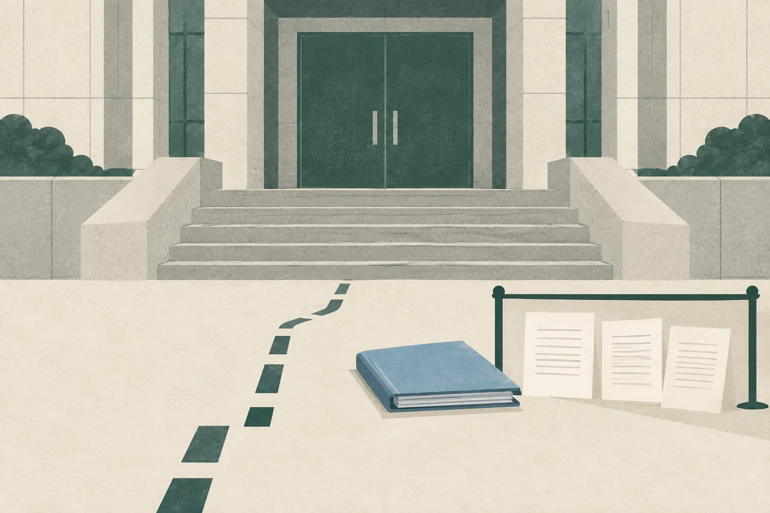 A simplified courthouse entrance stands beyond an interrupted geometric path, with a closed court file and unmarked report sheets placed behind a thin boundary line.