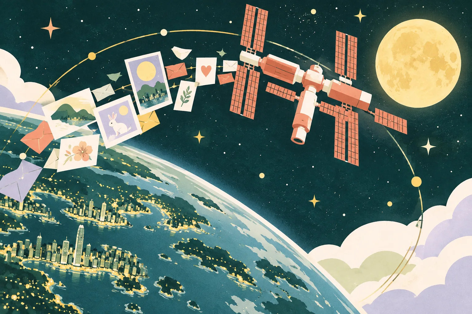 A cut-paper illustration links a simplified space station, a bright moon, and a curved Earth dotted with home lights, while letters and drawings form a bridge between orbit and Hong Kong.