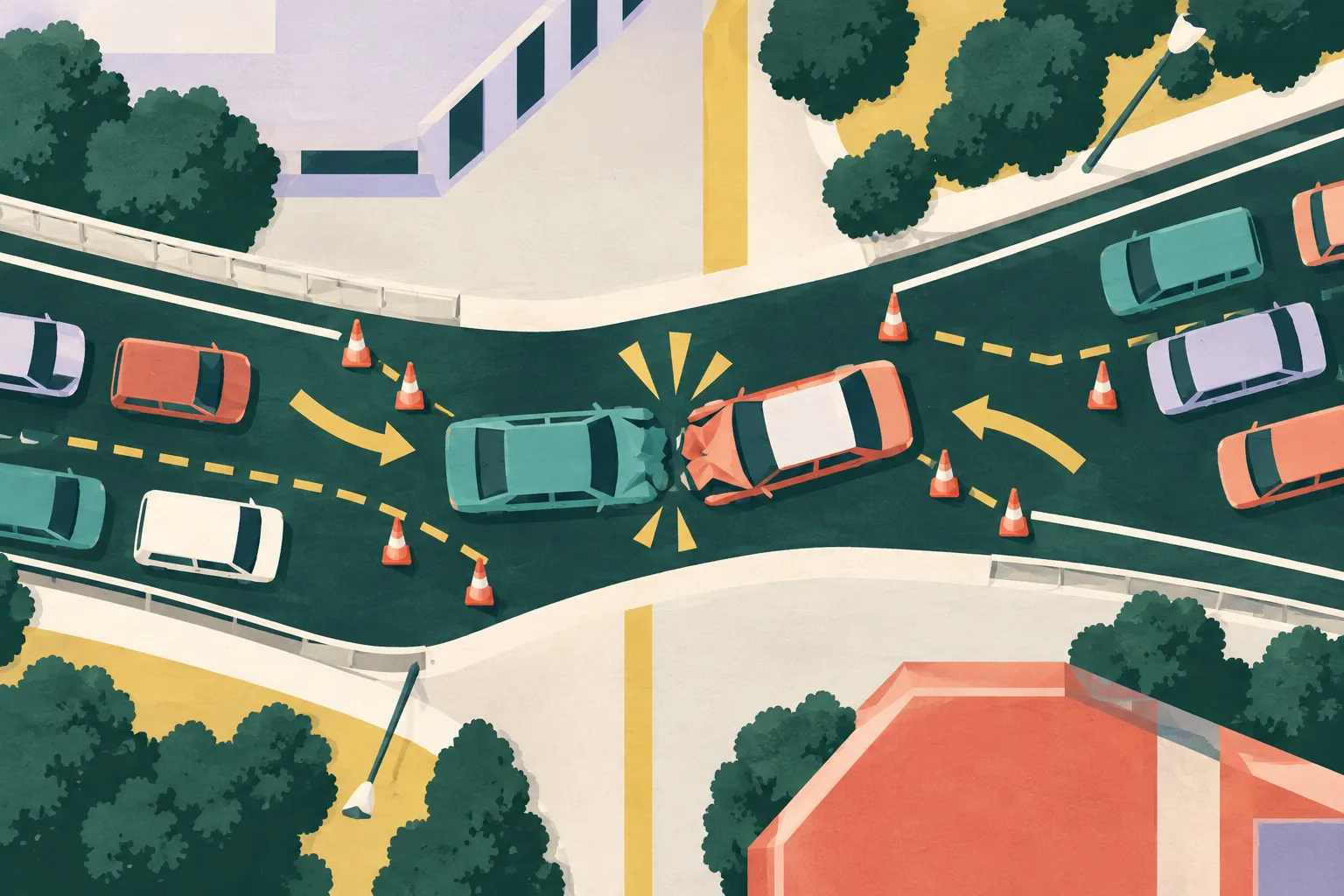 Top-down cut-paper illustration of two simplified vehicles meeting on a divided road, where traffic is channelled through one shared lane and short marks suggest congestion in both directions.