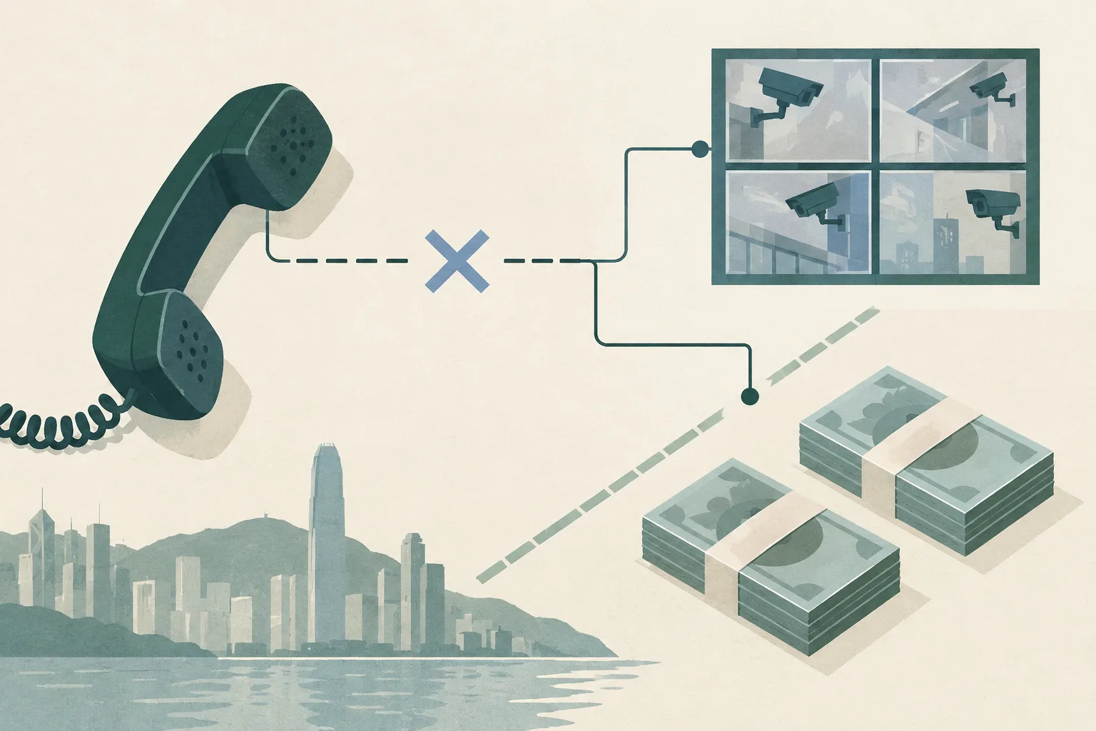 Top-down civic-safety illustration of a generic telephone, two separated cash bundles, an interrupted connection line and a small grid of CCTV tiles arranged around a clean boundary.