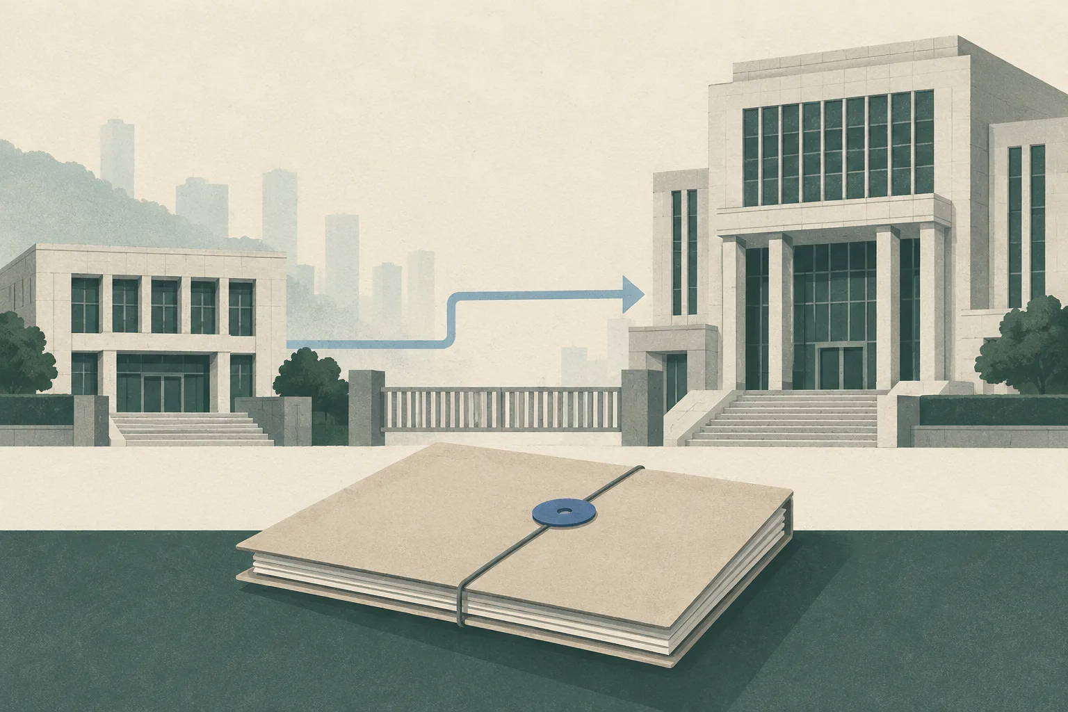 A quiet cut-paper illustration of two unoccupied courthouse buildings separated by a boundary and linked by a restrained geometric pathway, with a closed case folder in the foreground.