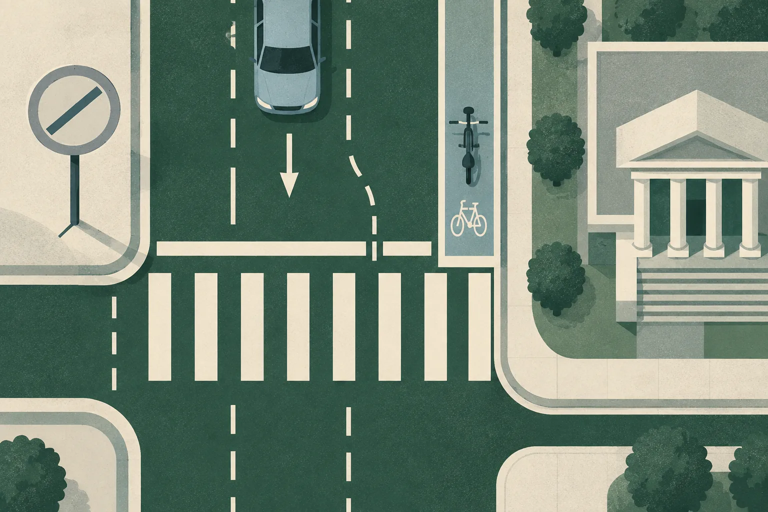 Top-down abstract illustration of a marked urban road crossing with an interrupted stop line, a muted speed-limit disc, an empty bicycle lane and a separated civic building block.