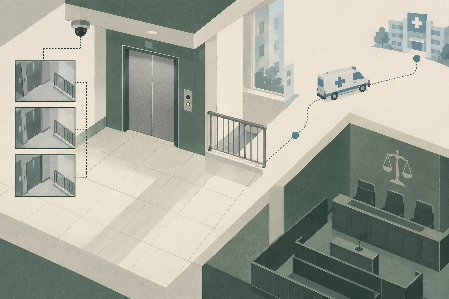 A top-down cut-paper diagram of an empty residential lift lobby with lift doors, a railing, a ceiling CCTV camera, separated evidence frames, and a restrained route leading to ambulance and hospital-care symbols, with a small courtroom block set apart.