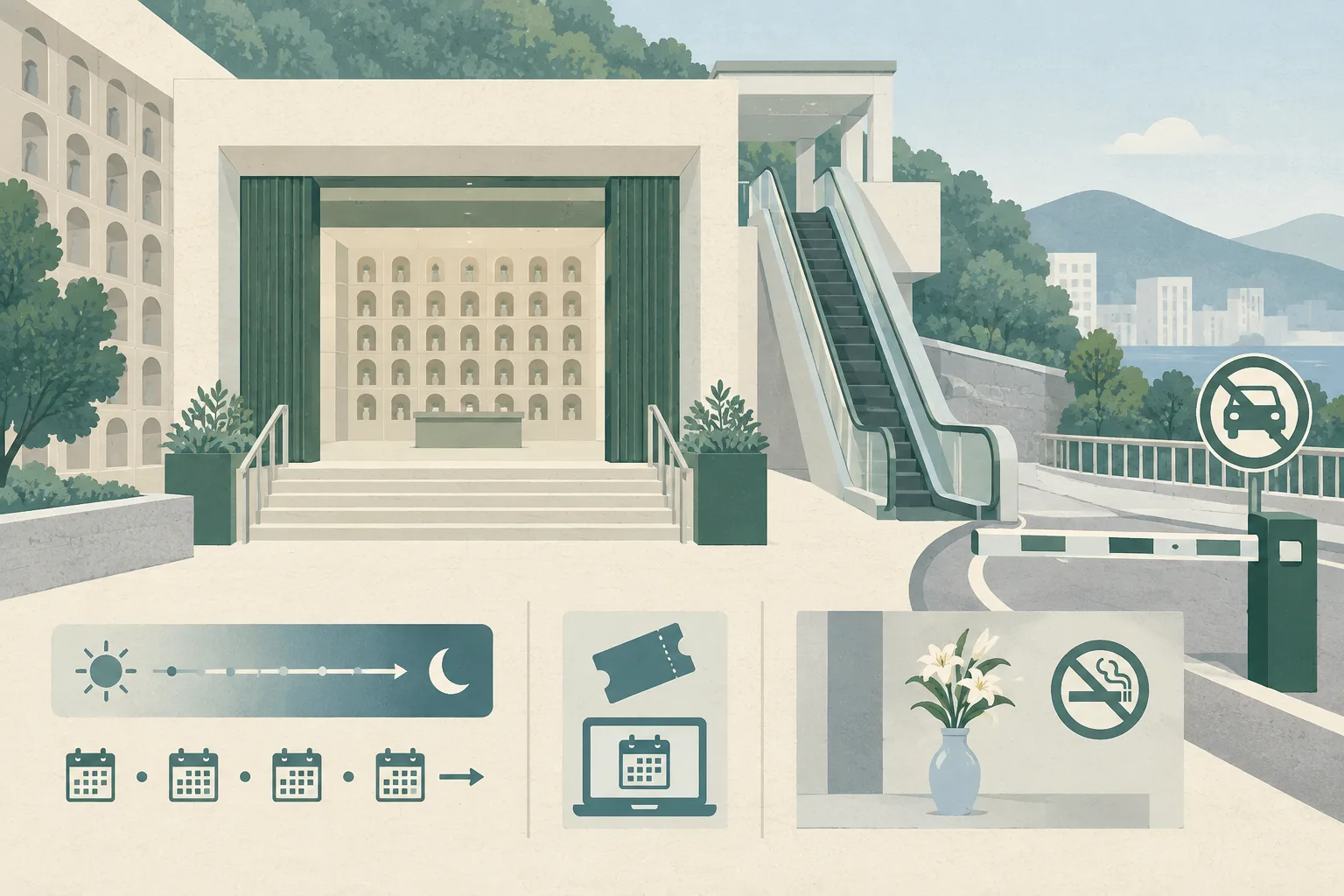 A restrained cut-paper illustration of a public columbarium with an adjacent escalator, a vehicle barrier, a morning-to-evening time band, a booking symbol, and a vase of fresh flowers.