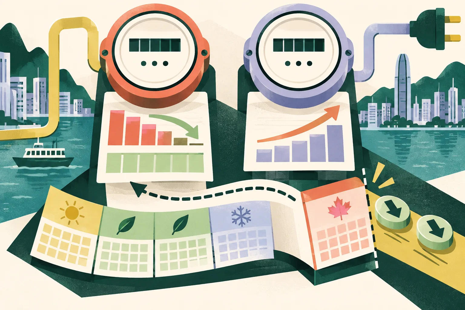 Top-down cut-paper illustration of two simplified electricity billing systems with opposing adjustment arrows, a staggered calendar ribbon linking October to earlier fuel-cost periods, and two support tokens approaching an October boundary.