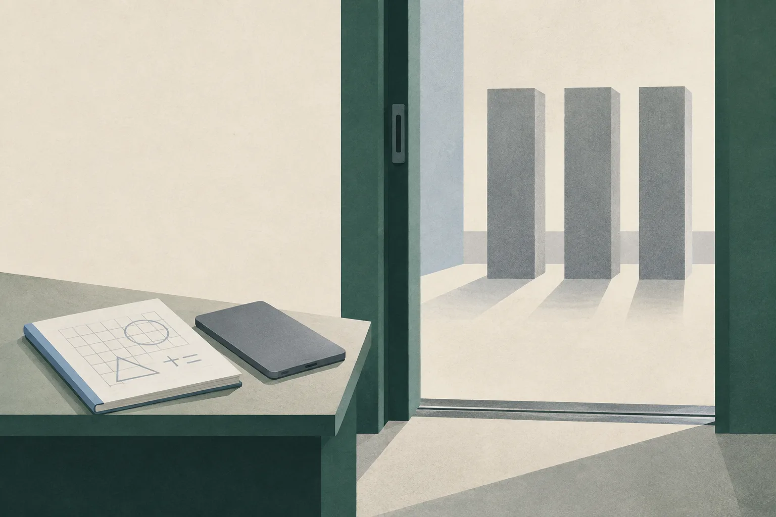 A quiet cut-paper architectural collage shows a closed mathematics workbook and a closed electronic device beside a solid institutional doorway, with three subdued blocks beyond the threshold.