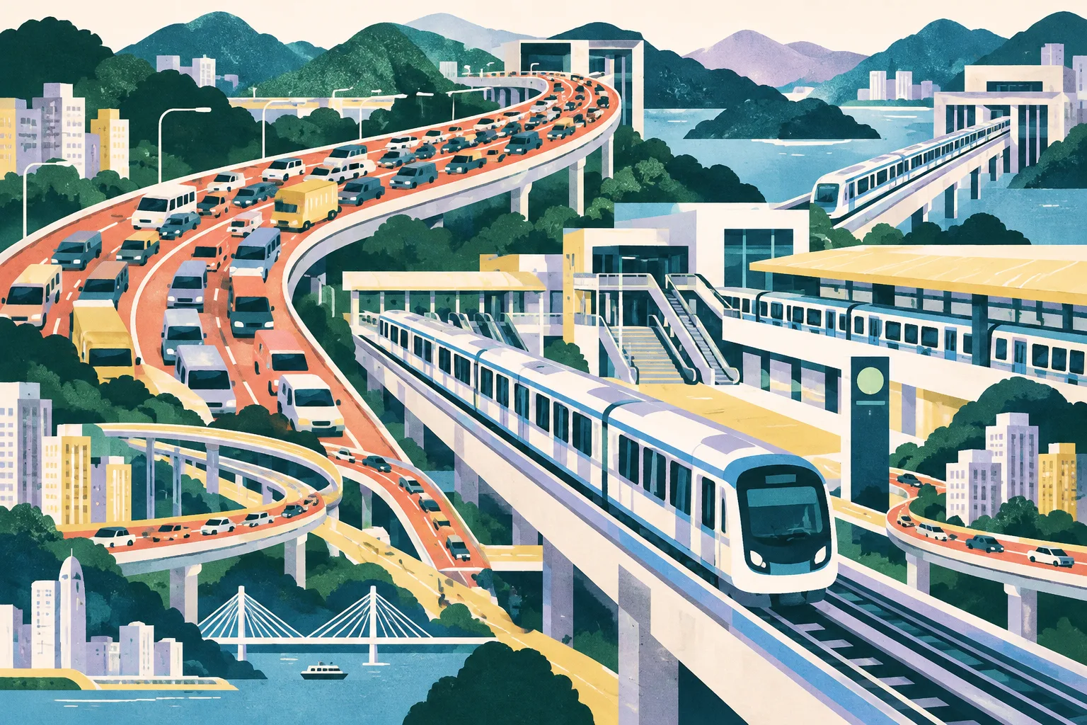 A flat cut-paper collage of a long coral road queue, blue rail tracks, simplified station blocks and branching city routes, with small geometric markers showing heavy holiday travel across Hong Kong.