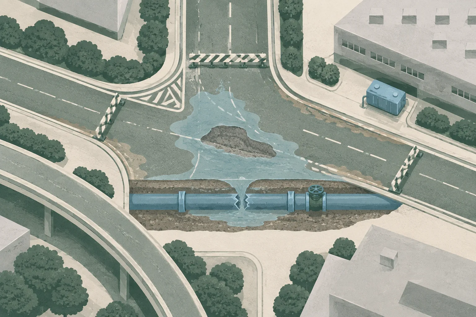 Top-down cut-paper diagram of a city road junction with a broken underground water pipe, a contained flooded patch, a marked subsidence area, temporary road barriers, mud residue, an industrial building and a small water tank.